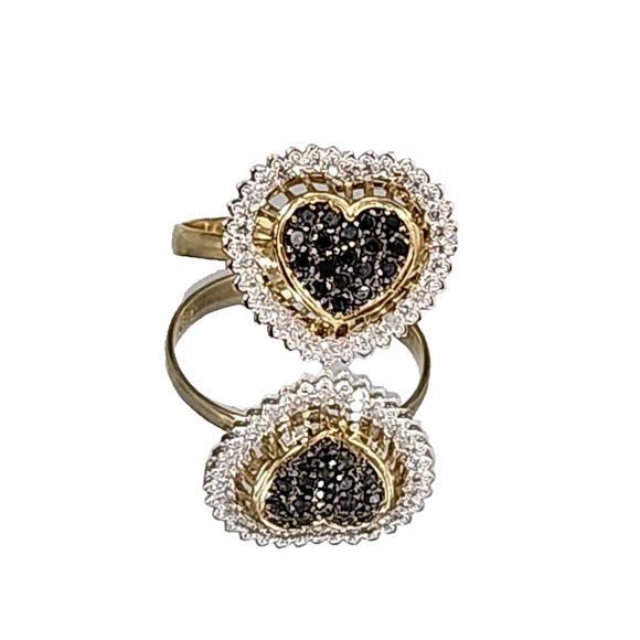 18k Yellow Gold Black &White Diamonds Heart Ring Size 7.25 - Picture 2 of 12